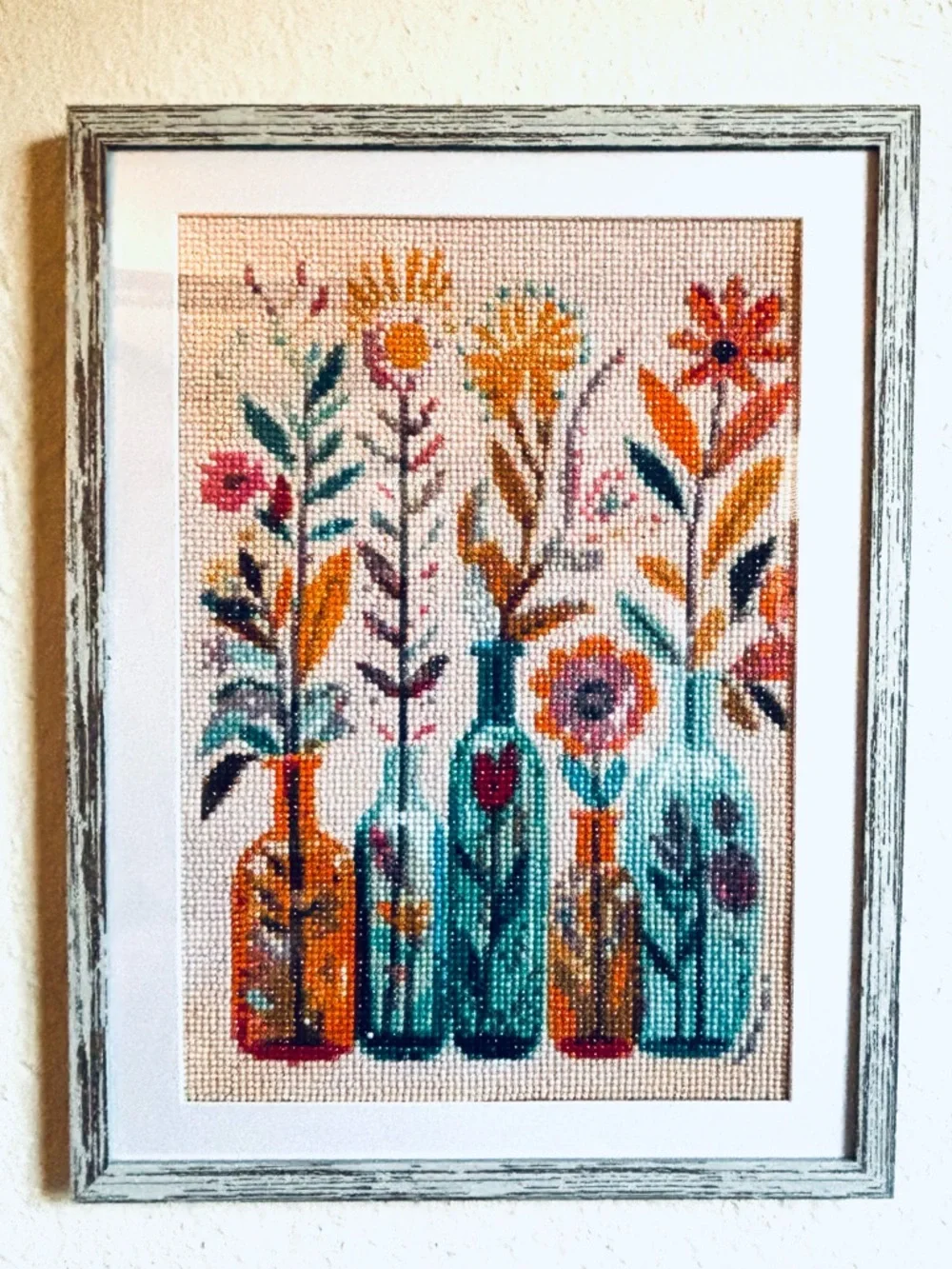 Beautiful Bottle Vases with Flowers Diamond Art Finished | Framed 14x17